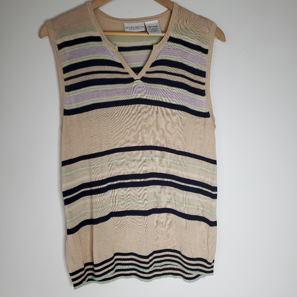 Jaclyn Smith Womens Silk Blend Sweater Vest Large Preppy Academia Striped Casual